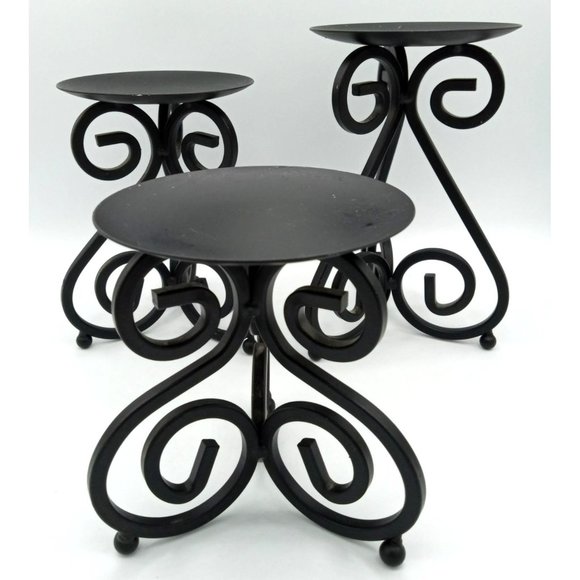 Black Wrought Iron Graduated Tier Scrollwork Pillar Candlestick Holder Set of 3 - Picture 3 of 11